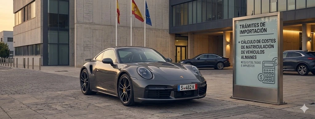 Porsche 911 con matrícula provisional alemana aparcado listo para calcular cuánto cuesta matricular un coche alemán en españa.