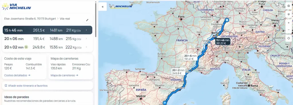 Ruta y desglose de peajes y combustible para calcular el coste de importar un coche de Alemania.