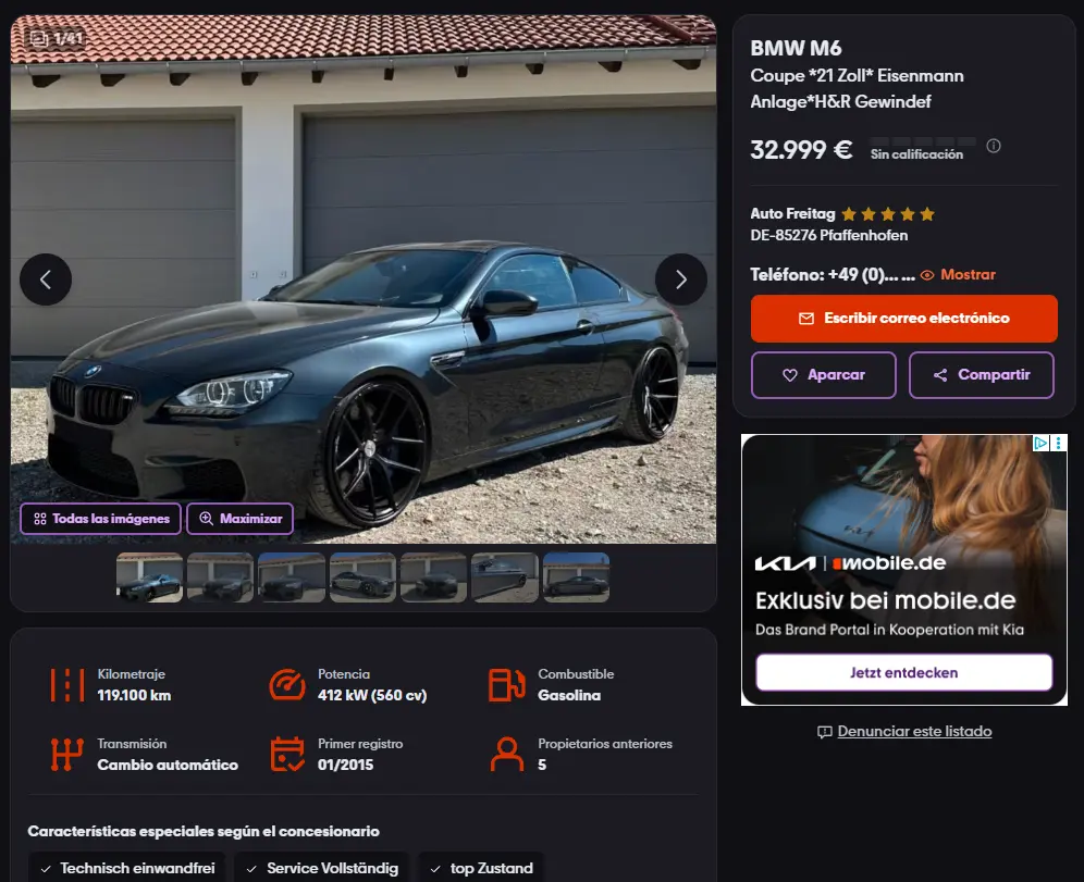 Anuncio de un BMW M6 en Mobile.de utilizado como ejemplo práctico para calcular el coste de importar un coche de Alemania.