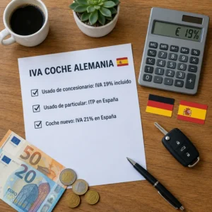 Checklist del IVA de un coche de Alemania con calculadora, banderas de Alemania y España, llave del coche y euros