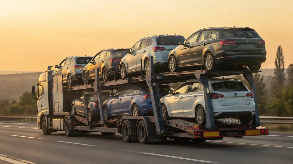 Camión portavehículos transportando coches importados de Alemania a España por autopista
